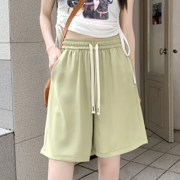 2025 women's new simple style thin ice silk sports shorts summer comfortable casual loose high waist five pocket pants
