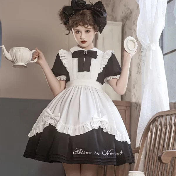 wonderland op lolita sweet bow lace dresses maid summer crew neck short sleeve puffy sleeves apron two piece kawaii