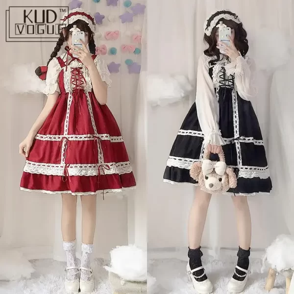 lolita dress sweet girls cute japanese kawaii spaghetti strap maid vintage lace ribbons headwear lace women summer party prom