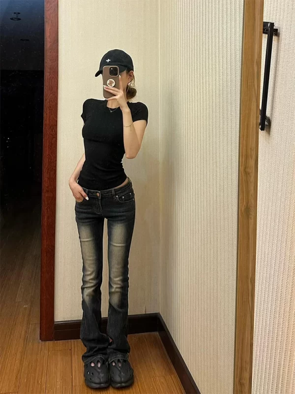 low waist slim fit straight leg jeans women's spring autumn casual vintage american sle blue denim pants tapered cigarette