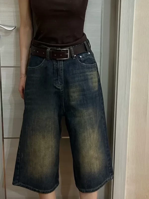 korean style vintage men's jeans summer loose male wide leg knee length shorts new washed fashion short denim pants