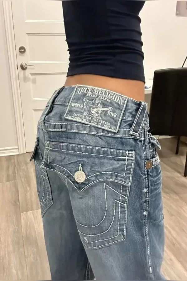 retro american high waisted jeans y2k denim trousers hip hop gothic pocket embroidered blue baggy jeans women leisure streetwear