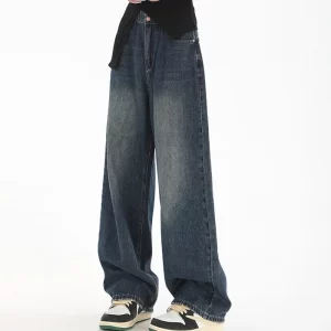 woman high waist slim fit wide leg jeans female high street y2k 2000s casual pants lady fashion black blue loose denim trouserse