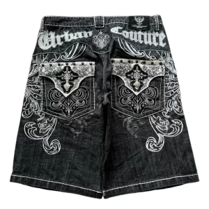american vintage popular new pattern embroidery baggy denim shorts men street fashion gothic casual joker shorts women clothing