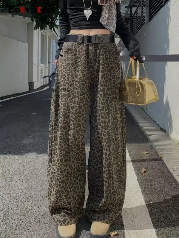 american style vintage leopard straight jeans women y2k korean fashion high waist wide leg pants 2025 new casual loose jeans