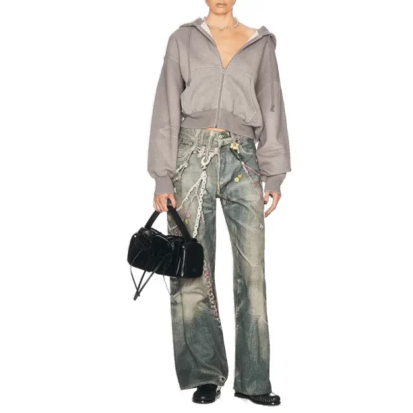 loose wide leg denim jeans retro candy chain print unisex spring summer new style loose low waist trousers for couples