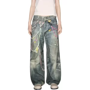 loose wide leg denim jeans retro candy chain print unisex spring summer new style loose low waist trousers for couples
