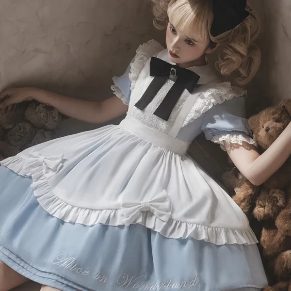 wonderland op lolita sweet bow lace dresses maid summer crew neck short sleeve puffy sleeves apron two piece kawaii