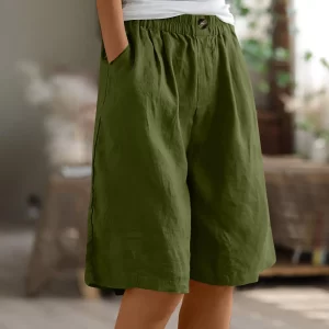 women's fashion solid color pants pocket button up capris loose elastic waist cotton linen shorts
