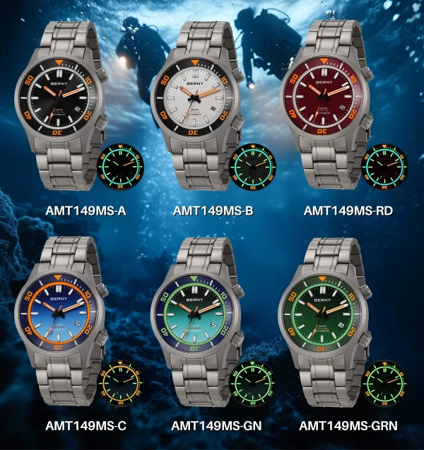 berny men's automatic full titanium diver watch supper luminous sappire ar coated miyota 8215 compressor sport 20atm dive watch