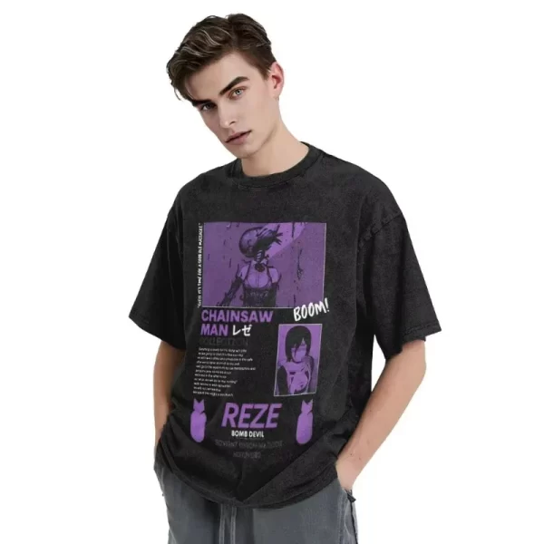 anime chainsaw man reze graphic printed t shirt men women washed cotton tshirts vintage casual t shirt harajuku male tops