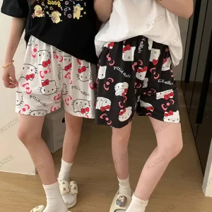 2025 new cartoon hello kitty loose print ladies pajama short pants women men summer sleep shorts loose casual short trousers