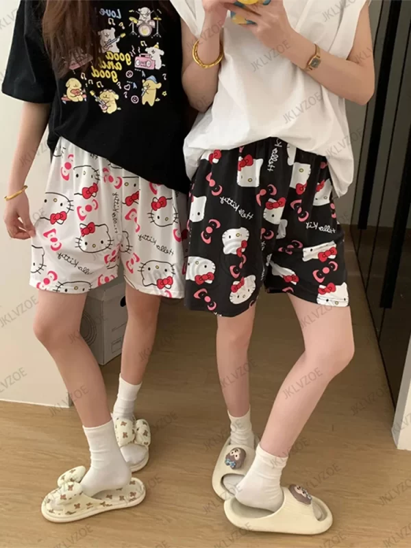 2025 new cartoon hello kitty loose print ladies pajama short pants women men summer sleep shorts loose casual short trousers