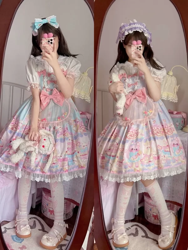 sweet lolita dress women vintage gothic printed summer sleeveless dress japanese bow bear kawaii princess maid dresses jsk