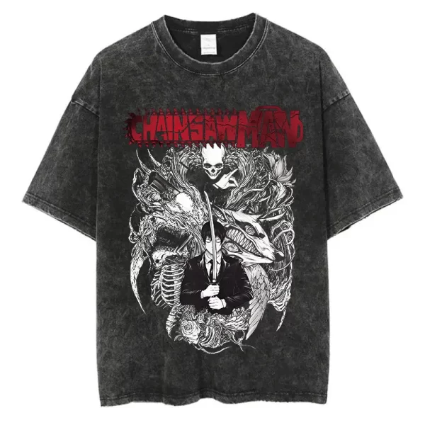 anime chainsaw man washed tshirt men streetwear harajuku graphic vintage t shirt cotton casual t shirt summer short sleeve tops