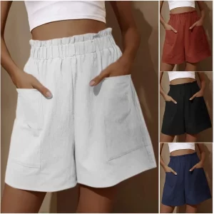 summer new loose large size casual shorts women's solid high waist casual pants two pockets wide leg pants female shorts sport