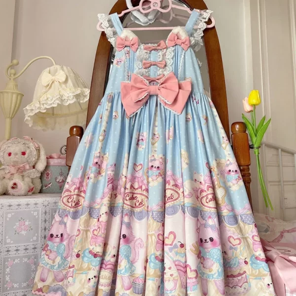 sweet lolita dress women vintage gothic printed summer sleeveless dress japanese bow bear kawaii princess maid dresses jsk