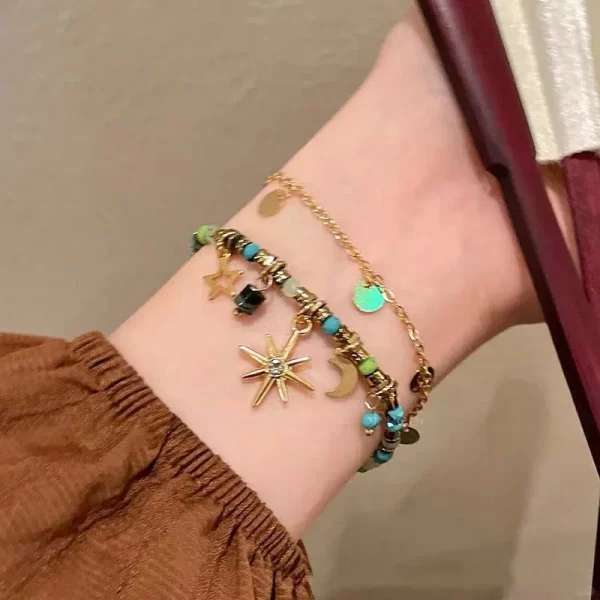 vintage natural stone double layered beads bracelets for women fashion metal mang star pendant bracelets y2k charm jewelry gifts