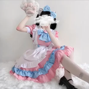 women's clothing maid outfit cos s 4xl pink and blue cute dress super cute big bow lolita dress summer casual lolita suit