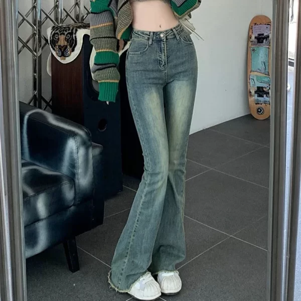 2024 woman high waist vintage streetwear flare jeans female elastic grunge bell bottom pants girls fashion blue denim trousers