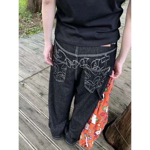 「md」american high street embroidered wide leg jeans women's retro all match casual slim loose straight floor length pants