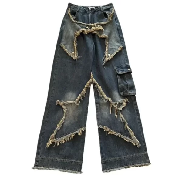new american vintage washed five point star frayed hem jeans for women high street niche oversized straight leg long pants