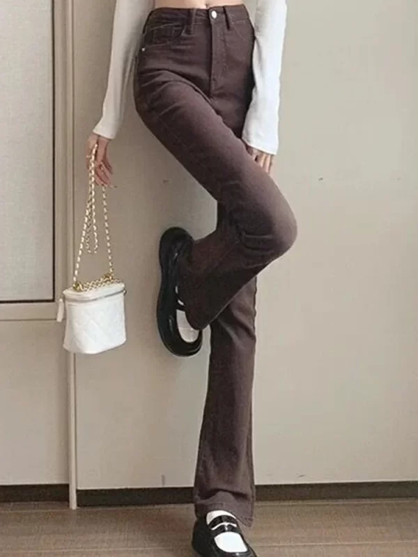 women korean flare jeans girls high waist elastic boot cut pants lady vintage blue black gray brown denim bell bottom trousers
