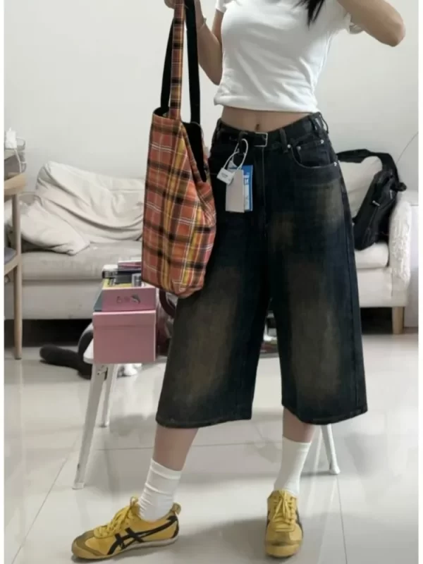 korean style vintage men's jeans summer loose male wide leg knee length shorts new washed fashion short denim pants