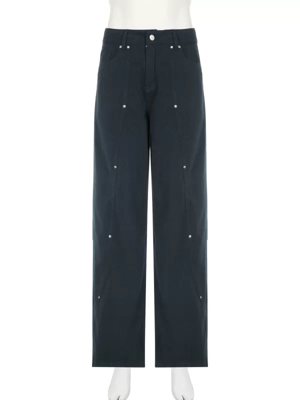iamsure casual loose rivet jeans wide leg pants basic low waisted straight pants women 2025 spring autumn streetwear ladies