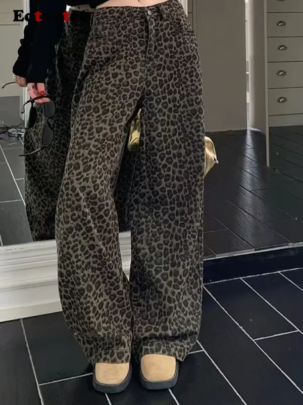 american style vintage leopard straight jeans women y2k korean fashion high waist wide leg pants 2025 new casual loose jeans