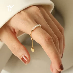 french simple retro pearl chain pull adjustment gold color rings girl's new elegant accessories fashion finger jewelry for woman
