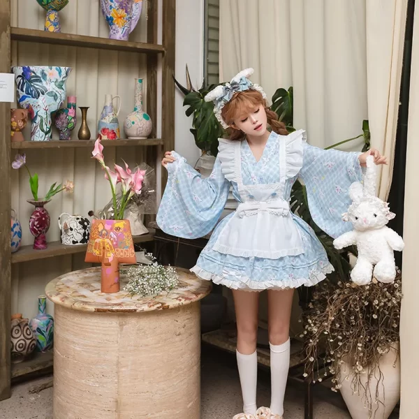 japanese sweet lolita yukata kimono dress kawaii cute princess party dresses with bow apron cosplay costume maid dress set