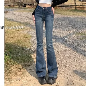 women vintage high street bell bottom jeans lady sexy slim fit denim flare pants deep blue light blue black blue gray trousers