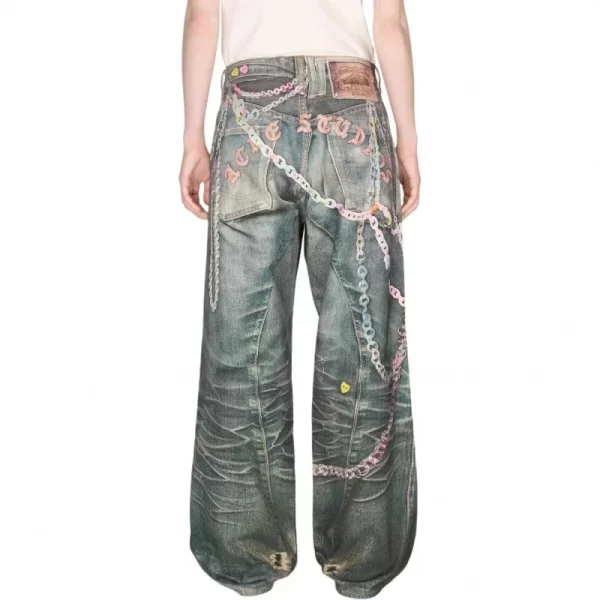 loose wide leg denim jeans retro candy chain print unisex spring summer new style loose low waist trousers for couples