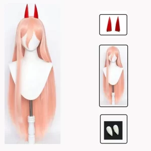 chainsaw man power wig cosplay long type 2 colors hair heat resistant makima power wigs props horns teeth anime