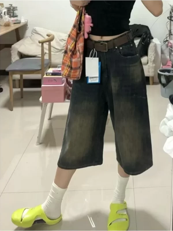 korean style vintage men's jeans summer loose male wide leg knee length shorts new washed fashion short denim pants
