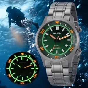 berny men's automatic full titanium diver watch supper luminous sappire ar coated miyota 8215 compressor sport 20atm dive watch