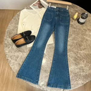 zmzbch high waist trousers loose washed jeans pockets slim denim flare classic women vintage stretch straight trousers all match