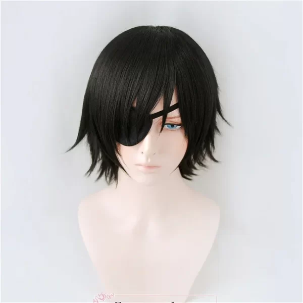 himeno wig chainsaw man black short fluffy layered synthetic hair with eyes patch heat resistant costume party play