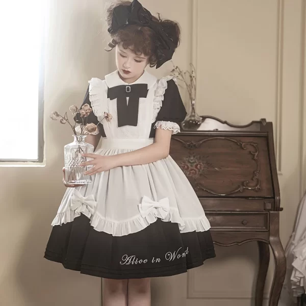 wonderland op lolita sweet bow lace dresses maid summer crew neck short sleeve puffy sleeves apron two piece kawaii