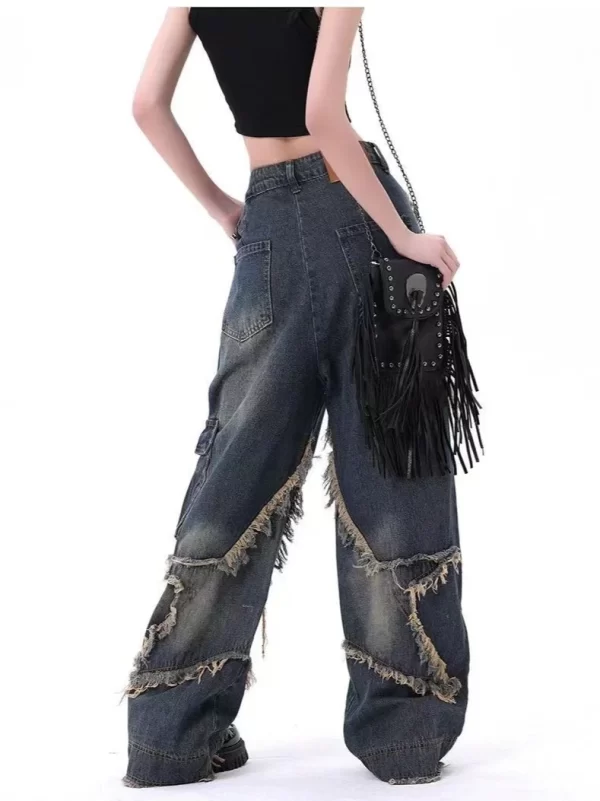 new american vintage washed five point star frayed hem jeans for women high street niche oversized straight leg long pants