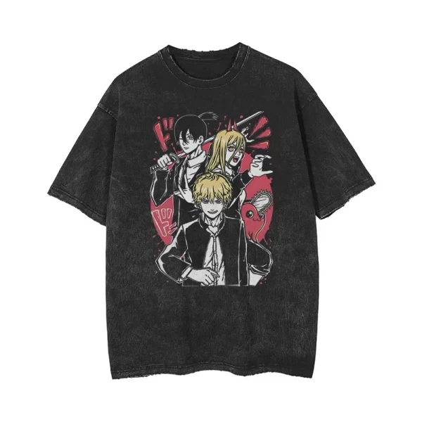 anime chainsaw man acid tshirt retro vintage washed printed graphic t shirt women harajuku cotton casual short sleeve tshirt