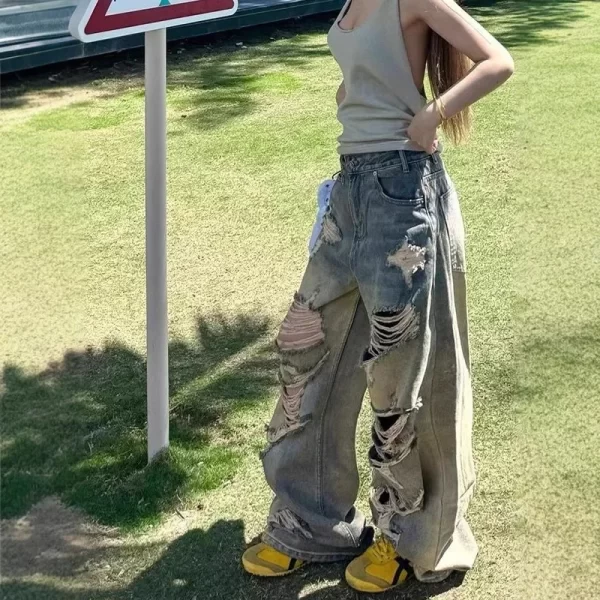 retro american high street women's jeans vintage washed hole design loose wide leg pants draped lazy style straight tube jeans