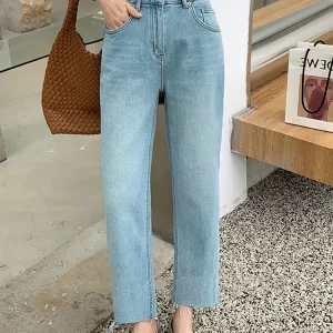 high waist woman jeans 2024 autumn new arrivals blue color botton burrs straight korean fashion elegant jeans women hot sale
