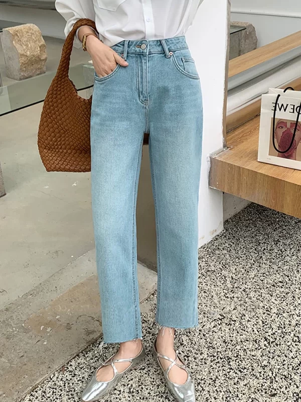 high waist woman jeans 2024 autumn new arrivals blue color botton burrs straight korean fashion elegant jeans women hot sale