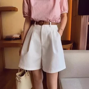 2024 summer wide leg shorts for women high waist casual cotton denim short pants with belt girl‘s korean a line womens shorts