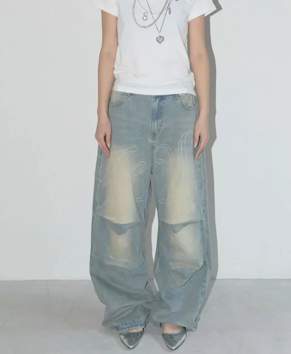 light colour trend dressing up korean style simple baggy angel printed jeans 2025 spring necessary solid retro straight pants