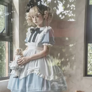 wonderland op lolita sweet bow lace dresses maid summer crew neck short sleeve puffy sleeves apron two piece kawaii