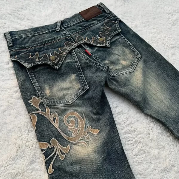 street harajuku heavy industries retro pattern embroidery blue washed jeans women's personalized casual splicing flare pants