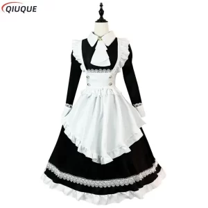 women maid outfit lolita dress cute kawaii cafe costume black white men uniform long apron dress mucama cosplay costume